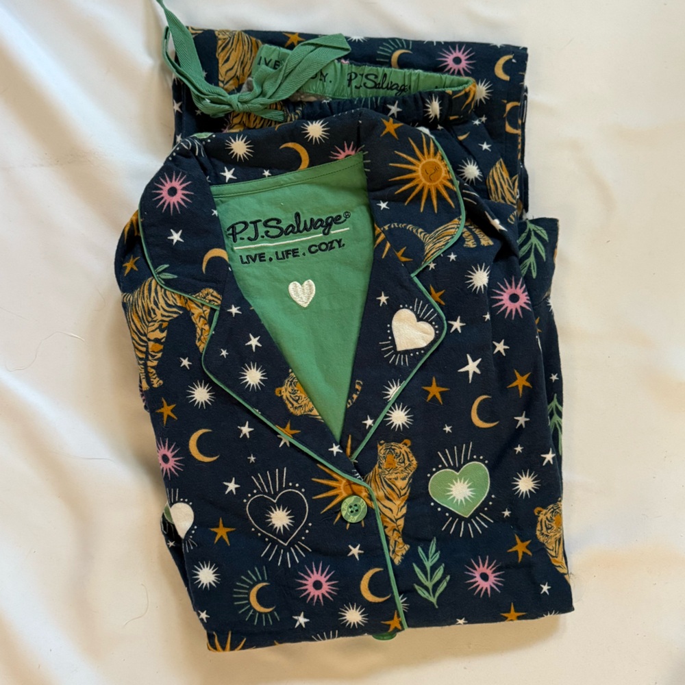 PJ Salvage Navy Celestial Print Button-Up Pajama Set with Mint Trim - Picture 3 of 12